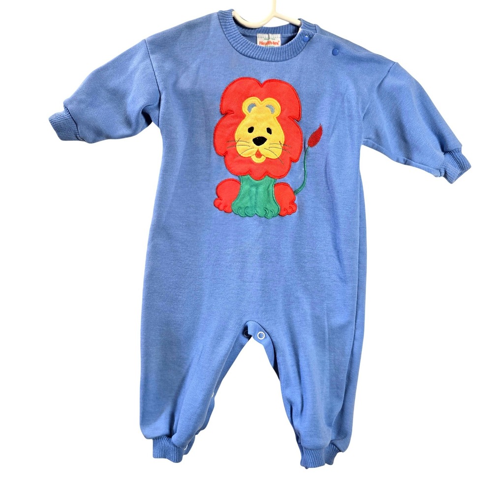 Health-tex Vintage Blue Lion Applique Long Sleeve Romper 24 Months Made in USA